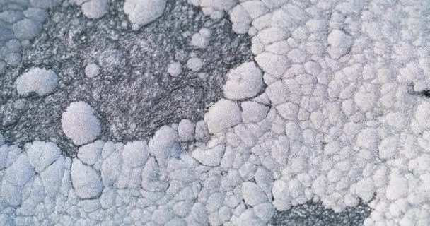 霜冻的抽象背景冰的质感冬雪水晶单色浅白灰油墨气泡在具有晶粒平面的水中流动 用红色电影摄影机拍摄 — 图库视频影像