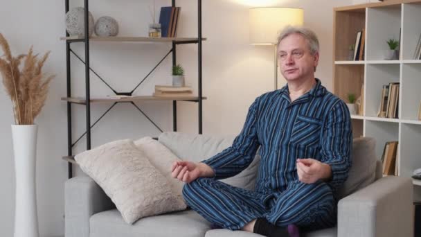 Yoga Problem Aged Man Stressed Tension Displeased Elder Male Pajamas — Stock Video