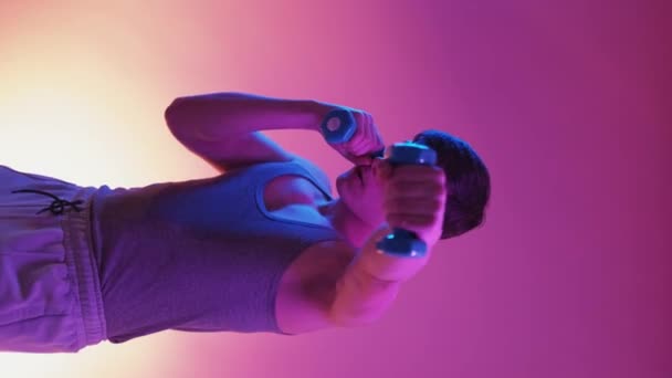 Vertical Video Gym Training Boxing Man Neon Light Portrait Muscular — Stock Video