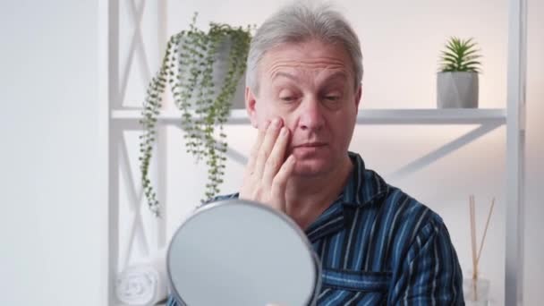 Displeased Oldness Sad Man Skincare Problem Worried Aged Male Looking — Stock Video