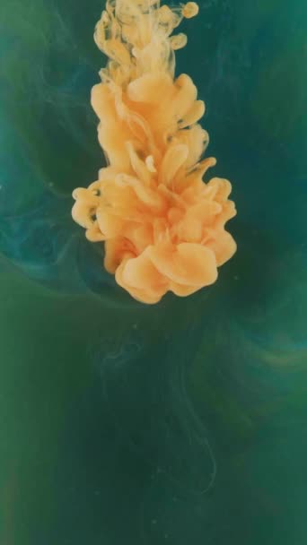 垂直ビデオ インクの水が落ちる 色液スプラッシュ ロゴは効果を明らかにする 濃緑色霧雲上のオレンジ色の塗料の流れ溶解運動抽象的な背景 — ストック動画