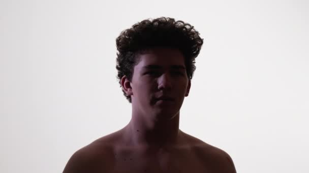 Positive Man Silhouette Portrait Confident Inspiration Handsome Guy Bare Shoulder — Stock Video