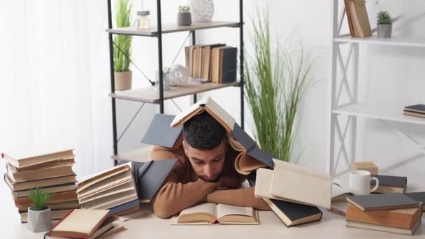 Preparing Exam Overload Man Many Tasks Tired Depressed Guy Sitting — Stock Video