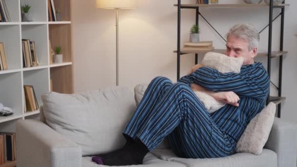 Mental Problem Aged Man Depressed Feelings Frustrated Elder Male Pajamas — Stock Video