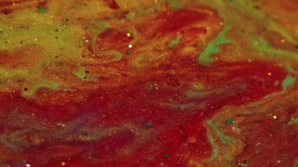 Vloeibare Kunst Creatief Proces Abstract Schilderen Rood Geel Groen Glinsterende — Stockvideo