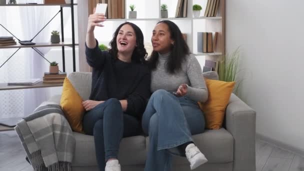 バーチャルミーティングだ 興奮した女性だ モバイル接続 幸せな女性の友人は スマートフォンのソファの光の部屋のインテリアに座ってオンライン会議を持っている — ストック動画