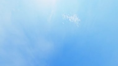 Gökyüzü güzeli. Rüya gibi bir ruh hali. Hava görüntüsü. Açık mavi gökyüzü, hafif sisli bulutlar uçarak sevimli desenler oluşturuyor..