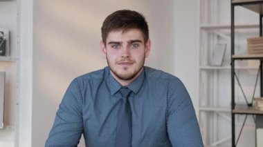 Başarı kutlaması. Web röportajı. İş promosyonu. Çevrimiçi konferansta evet hareketi yapan mutlu bir çalışan..