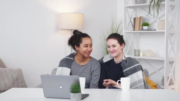 親密な関係 女友達だ 余暇を楽しむ 笑顔の女性は額に座ってデスクを傾け開くノートパソコンカバー再生一緒に光の部屋のインテリア — ストック動画