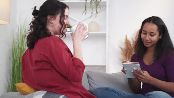 女性アンケート 幸せな休息 ホームレジャー 笑顔の女性はノートを作りながら彼女の友人は答えるとお茶を飲みながら 光の部屋のインテリア — ストック動画