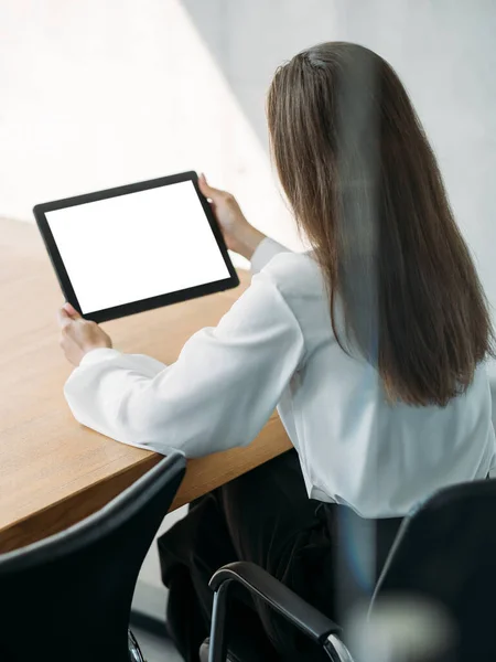 Video Conference Office Woman Digital Mockup Unrecognizable Lady Looking Tablet —  Fotos de Stock