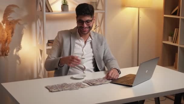 Business Success Rich Man Enjoying Life Happy Confident Guy Drinking — Stock Video