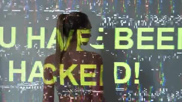 Hacker Attack Female Portrait System Error Beautiful Calm Woman Turning — Stock Video