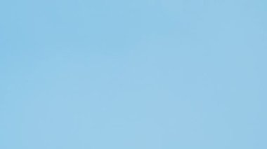 Vertical video. Bye gesture. Farewell sign. See you leaving. Cheerful friendly girl with red hair waving hand on blue background seamless loop.