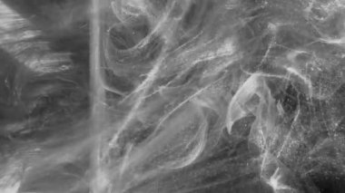 Glitter mist. Ink splash. Vapor texture. Gray white sparkling shiny steam floating motion on dark black monochrome abstract background.