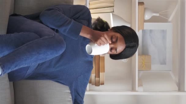 Vertical Video Morning Coffee Happy Woman Enjoying Moment Smiling Dreamy — Stockvideo