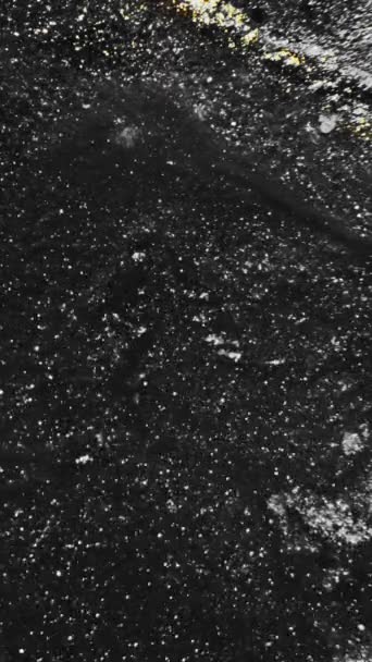 垂直录像 真尼液 墨水流 夜晚的星尘暗抽象背景下明暗闪闪的黑色银色金光闪闪的纹理运动 — 图库视频影像