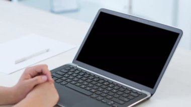 Business telework. Mockup screen. Digital conference. Female hands at laptop with blank empty space black display. Long video shot.
