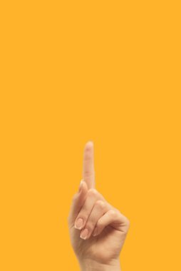 Advertising gesture. Attention idea. Information announcement. Female hand finger pointing up at bright orange copy space commercial background.