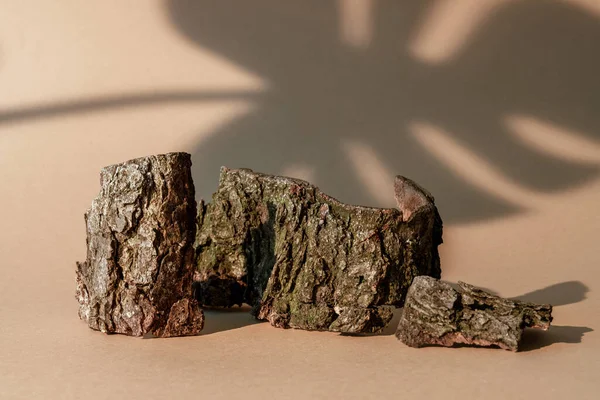 樹皮組成物 自然のショーケース 製品表示 砕いた茶色の木片配置ヤシの葉の影でベージュのコピースペース広告背景 — ストック写真