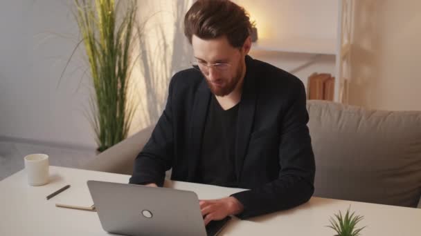 Successful Project Happy Man Digital Technology Satisfied Joyful Male Typing — Video Stock