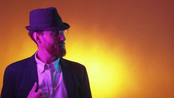 Approved Gesture Hipster Man Neon Light Portrait Stylish Satisfied Guy — Vídeos de Stock