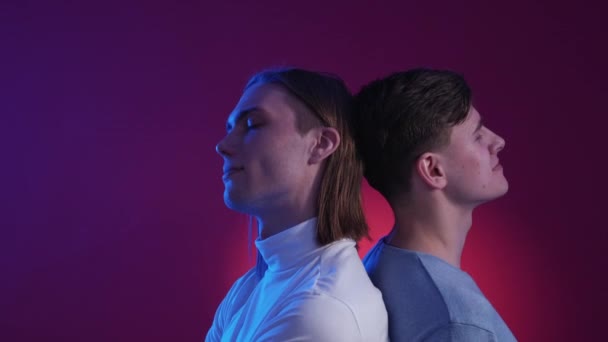 Close Relationship Gay Men Neon Light Portrait Happy Two Guys — Stok video