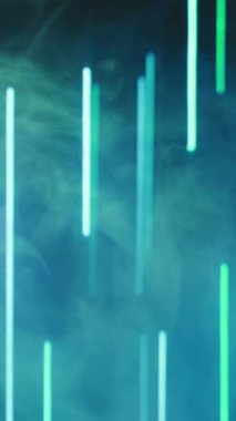 Vertical video. Neon background. Blur light. Laser illumination. Defocused green color lines glow smoke floating on dark abstract free space.