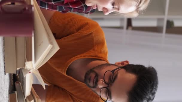 Vertical Video Study Together Diverse Couple Homework Education Casual Happy — Vídeos de Stock