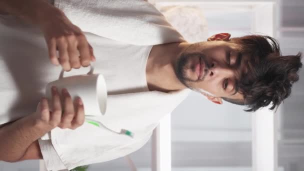 Vertical Video Morning Routine Early Awakening Tired Sleepy Man Messy — Vídeos de Stock