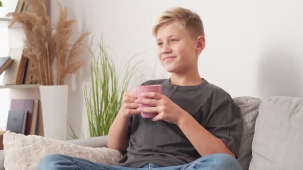 好好休息吧 心满意足的孩子美味的饮料 快乐休闲的青少年坐在舒适的沙发上 喝着茶灯房间的内部 — 图库视频影像