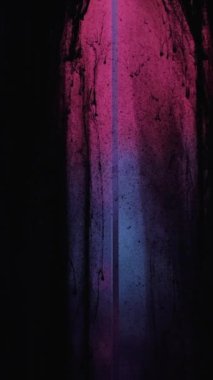 Vertical video. Ink drip. Paint water. Smoke flow. Black fluid drops dirt dust floating motion on dark pink blue color abstract background.