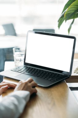 Office work. Computer mockup. Digital technology. Unrecognizable woman working laptop with blank screen in light room interior.