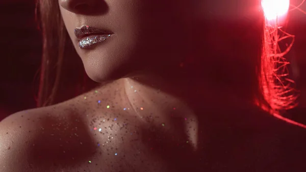 Glitter Makeup Glamour Look Disco Beauty Cropped Closeup Woman Face — Stock fotografie