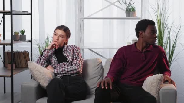 Shy Flirt Diverse Couple Romantic Feelings Embarrassed Black Man European — Vídeo de Stock