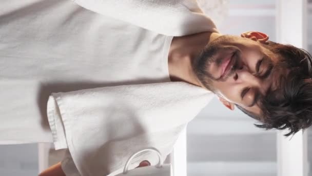 Vertical Video Morning Fatigue Bathroom Routine Tired Sleepy Bored Man — Stockvideo