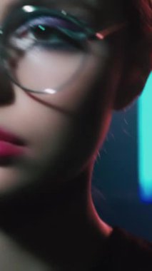 Vertical video. 90s fashion. Retro look. Eyewear model. Closeup portrait of teen girl face with artistic makeup in glasses posing in blue color neon light on dark.