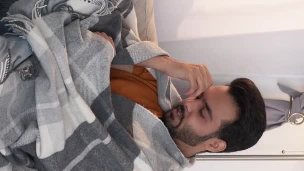 Vertical People Catch Cold Sick Man Home Recovery Suffering Fever — Vídeo de Stock