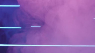 Color steam. Defocused neon light. Cyberpunk vapor. Blur UV pink blue purple glow fog cloud flow on dark abstract free space background.