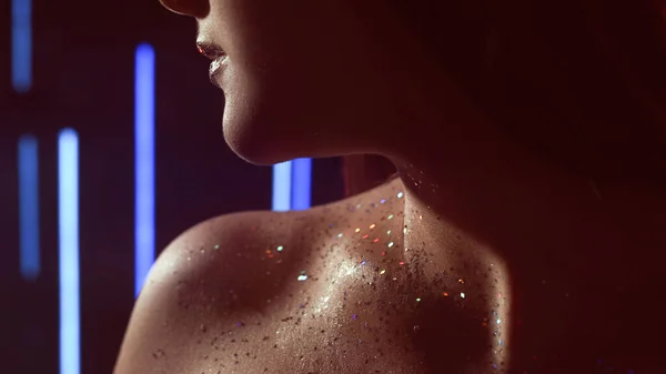 Glitter Skin Makeup Art Nightclub Look Cropped Closeup Blur Neon — Stock fotografie