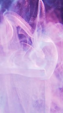 Vertical video. Glitter mist. Color smoke. Aura air. Blue pink purple neon light shimmering fog floating motion abstract background.