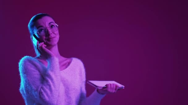 Mobile Communication Happy Woman Neon Light Portrait Positive Casual Lady — Stockvideo