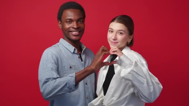 Love Sign Beloved Couple Diverse People Happy European Woman Black — Vídeos de Stock