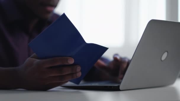 Passport Work Online Booking Internet Reservation Unrecognizable Man Hands Typing — Αρχείο Βίντεο