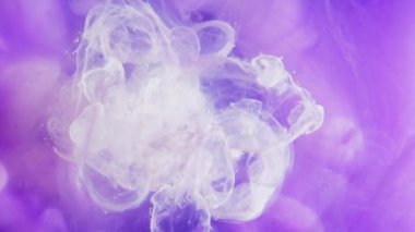 Ink splash. Paint water. Color mist. White purple glowing fluid shot mix smoke cloudspreading motion fantasy abstract background.