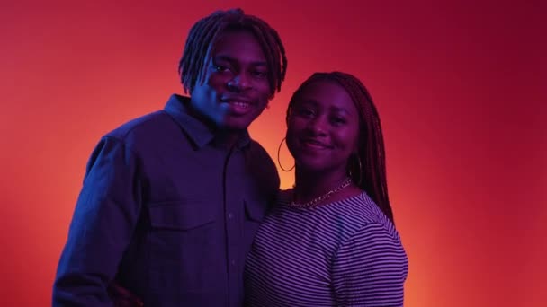 Romantic Couple Happy Relationship Neon Light Portrait Positive Smiling Black — Video Stock