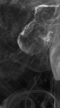 Vertical video. Mist flow. Steam texture. Fume motion. Defocused white glitter dust vapor floating motion on dark black abstract background.