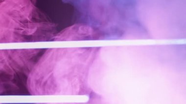 Neon smoke. Blur light. Vapor flow. Defocused pink purple color UV glow steam cloud floating on abstract free space cyberpunk background.
