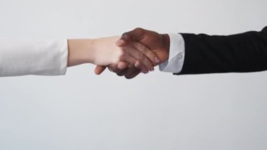 Business deal. Work cooperation. Partnership success. Unrecognizable multiracial colleagues man woman shaking hands in agreement on white background.
