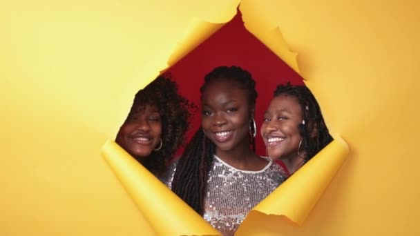 Happy Women Party Look Excited Joy Three Positive Black Female — стоковое видео